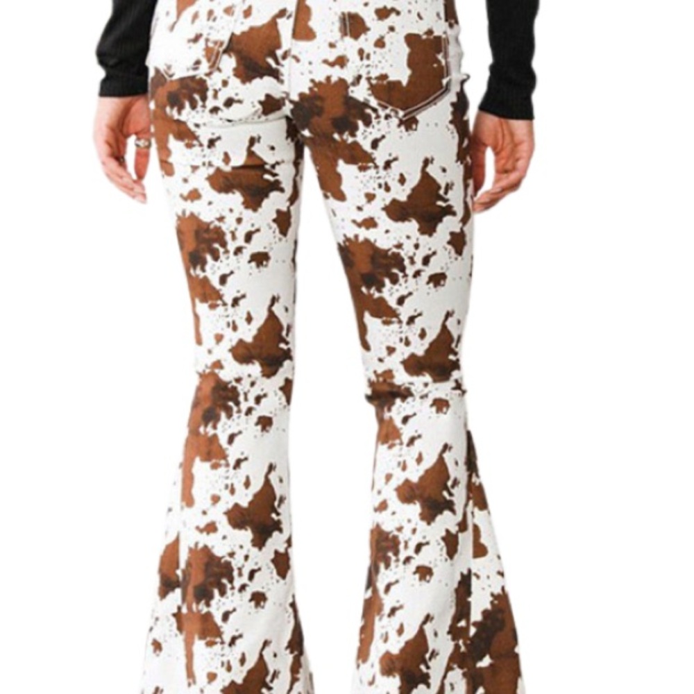 Source Unknown Brown and White Patterned Flare Pants